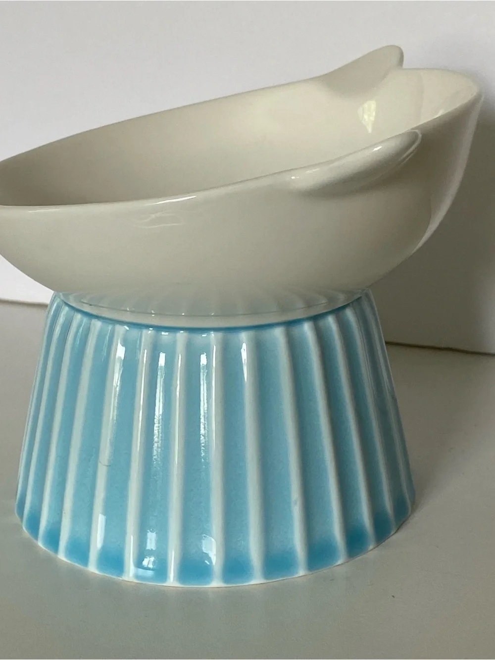 Raised Cat Food Bowl Pedestal Face Ears White Aqua Porcelain Water Dish Ceramic